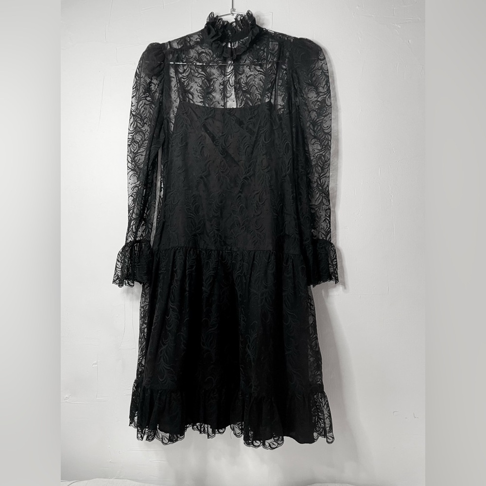 Vintage Black Lace Ruffle High Neck Drop Waist Whimsy Goth Romantic Dress